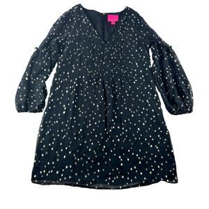 Lilly Pulitzer Cleme Long Sleeve Silk Dress 6 Black Gold Metallic Dot V Neck